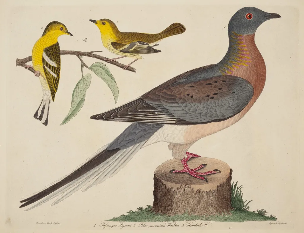 Passenger Pigeon, Blue-mountain Warbler, and Hemlock Warbler, by John G. Warnicke, ink, 1811