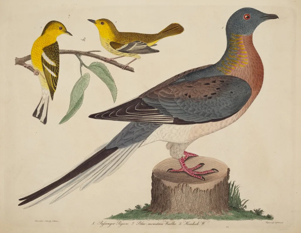 Passenger Pigeon, Blue-mountain Warbler, and Hemlock Warbler, by John G. Warnicke, ink, 1811