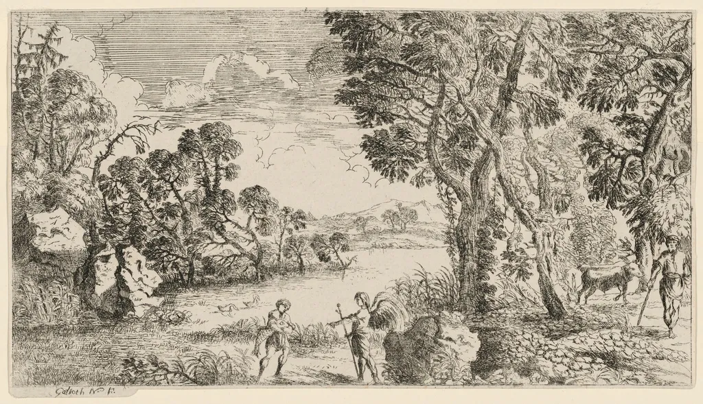 River Landscape with Tobias and the Angel, by John Galioth Nardois, ink, 1648