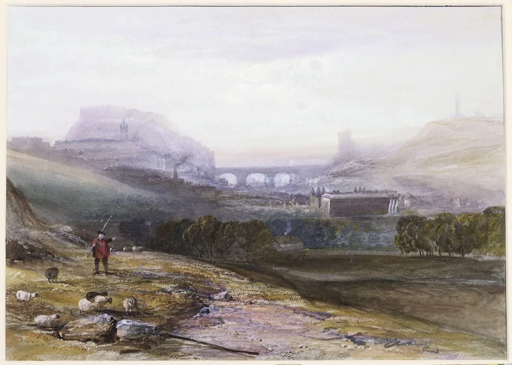 Edinburgh, from near St. Anthony's Chapel on the north-west shoulder of Arthur's Seat, by John Gendall, watercolor, 1810