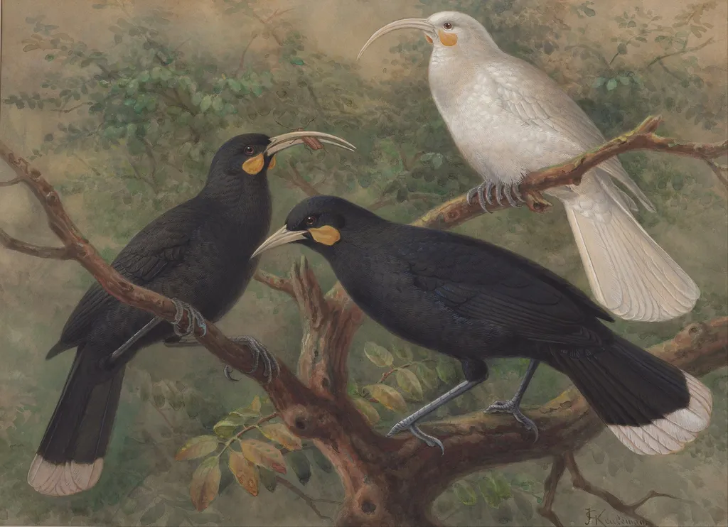 Three huia (Heteralocha acutirostris), by John Gerrard Keulemans, gouache, 1900