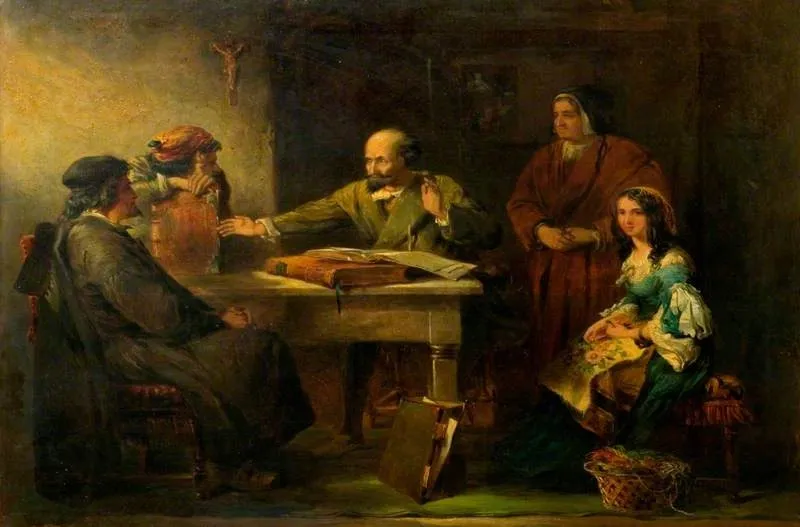 Don Quixote Disputing with the Priest and the Barber (from Cervantes' novel), by John Gilbert, oil, 1844