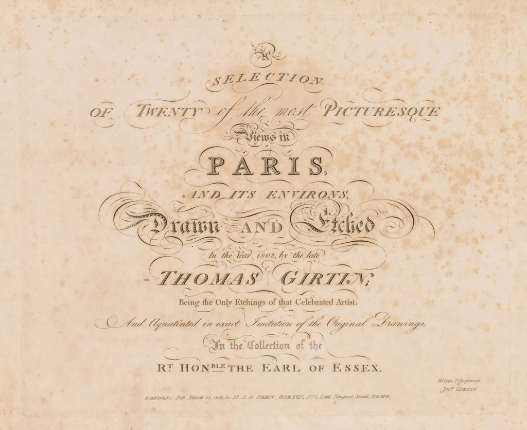 A Selection of Twenty of the Most Picturesque Views in Paris, And its Environs: Title Page, by John Girtin, 1803