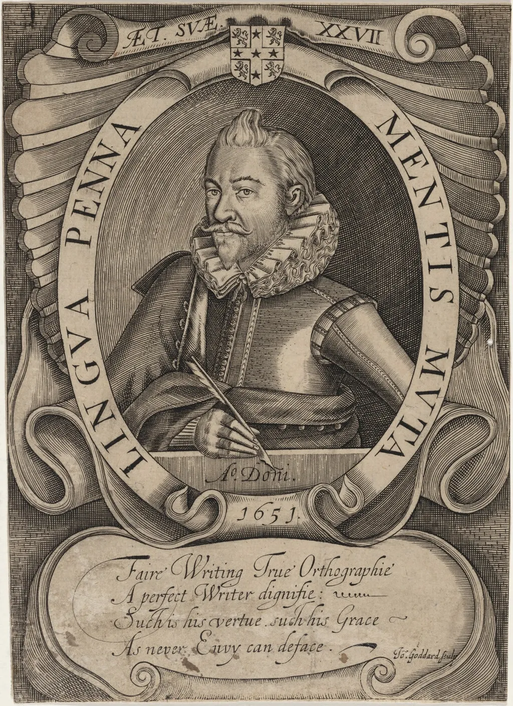 Martin Billingsley, Writing Master, by John Goddard, ink, 1651