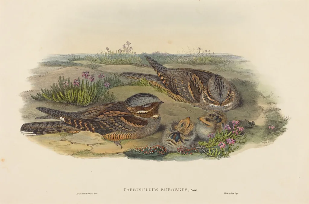 Caprimulgus europaeus (Nightjar), by John Gould, ink, 1842