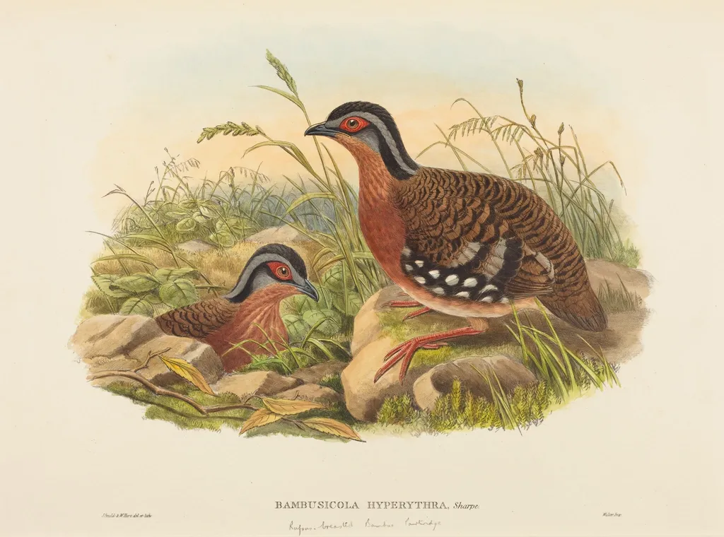 Rufous-breasted Bamboo Partridge (Bambusicola Hyperythra), by John Gould, ink, 1842