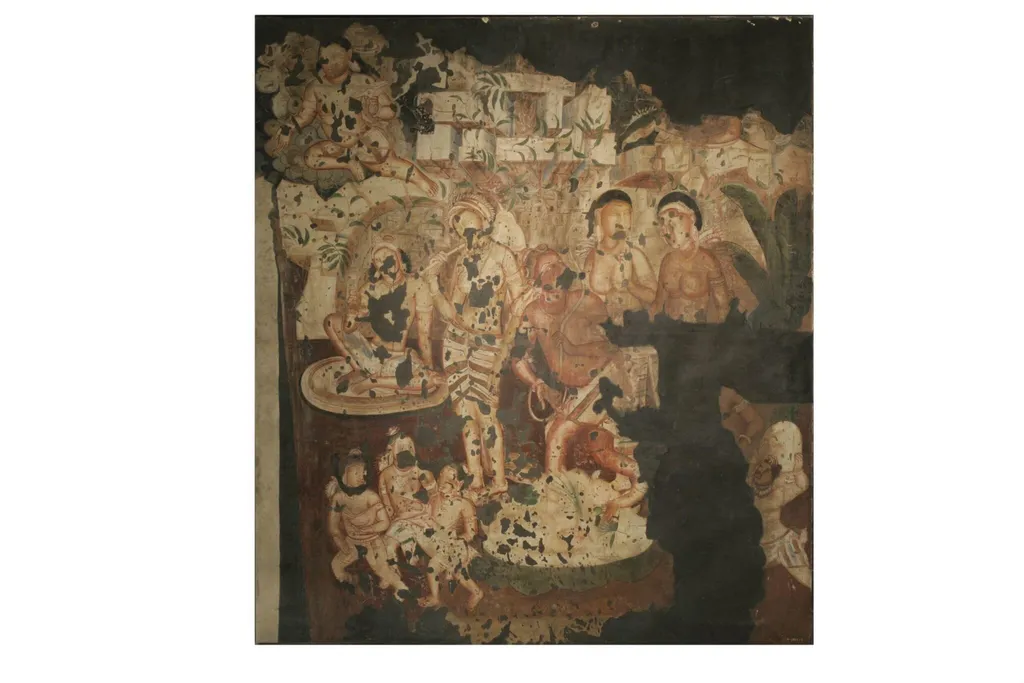 Copy of painting inside the caves of Ajanta (Cave 2), by John Griffiths, oil, 1882