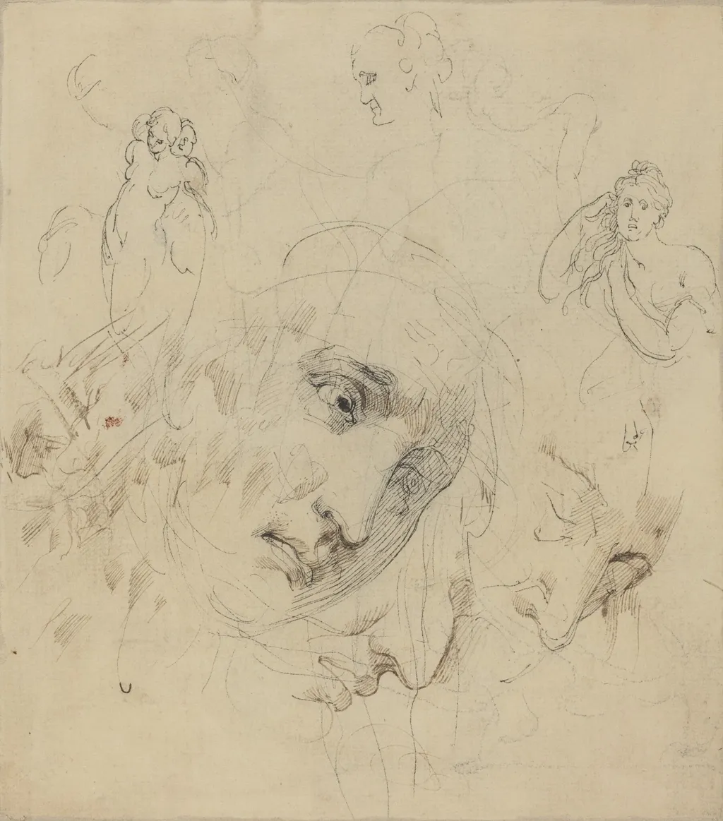 Studies with Central Female Face, by John Hamilton Mortimer, chalk, 1760