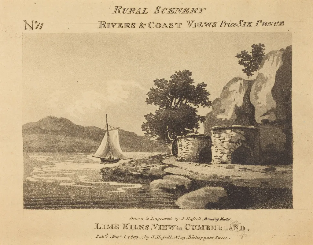 Lime Kilns, View in Cumberland, by John Hassell, ink, 1803