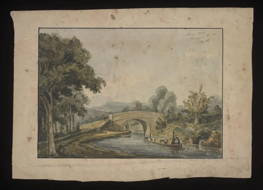 Watercolour drawing by the Grieve family, probably by John Henderson Grieve, showing a canal bridge near Bath, by John Henderson Grieve, 1815