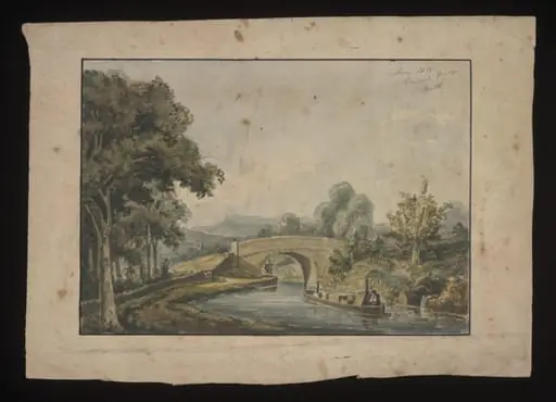 Watercolour drawing by the Grieve family, probably by John Henderson Grieve, showing a canal bridge near Bath, by John Henderson Grieve