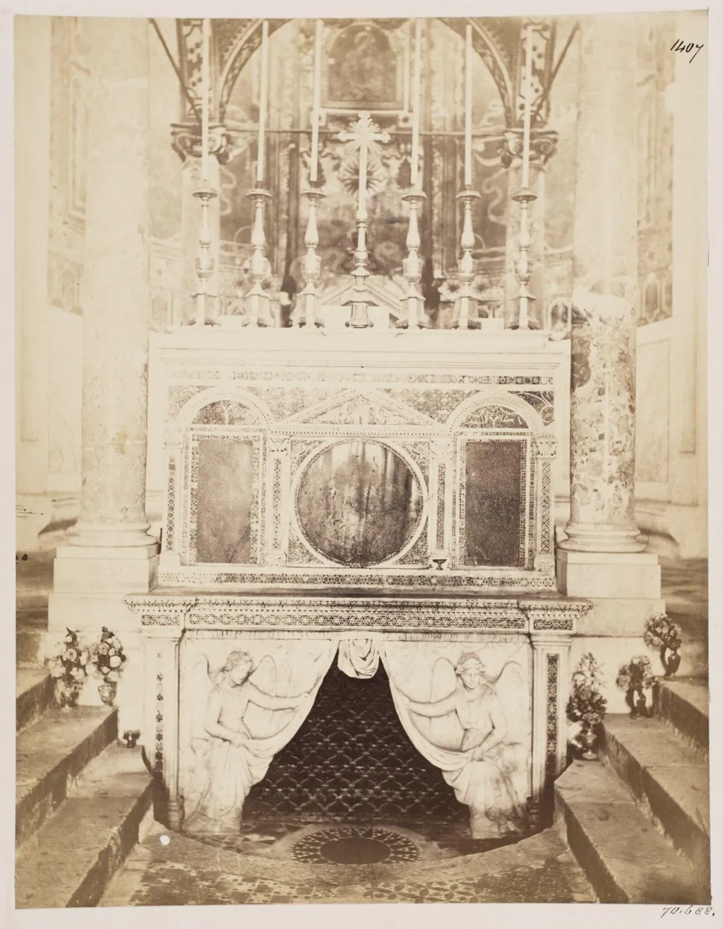 Church and Altar Decoration, S. Cesareo - Altar with Confessio under it, shewing Cosmati Mosaic-work and Sculpture, by John Henry Parker, photographic, 1867
