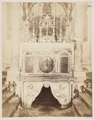 Church and Altar Decoration, S. Cesareo - Altar with Confessio under it, shewing Cosmati Mosaic-work and Sculpture, by John Henry Parker