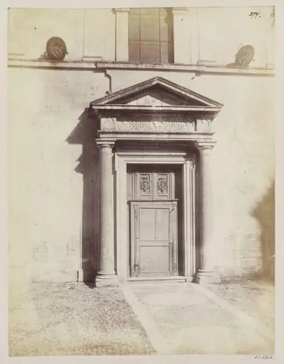 Church of S. Pudentina. Doorway, with shallow Sculpture of the eighth century (?), over it the Doorway rebuilt in the seventeenth century., by John Henry Parker
