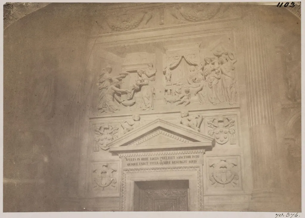 Out of Rome - House of the Blessed Virgin at Loreto. Sculpture of the Nativity over a Doorway, with the Arms of the Medici, Leo X., A.D. 1520, by John Henry Parker, photographic, 1867