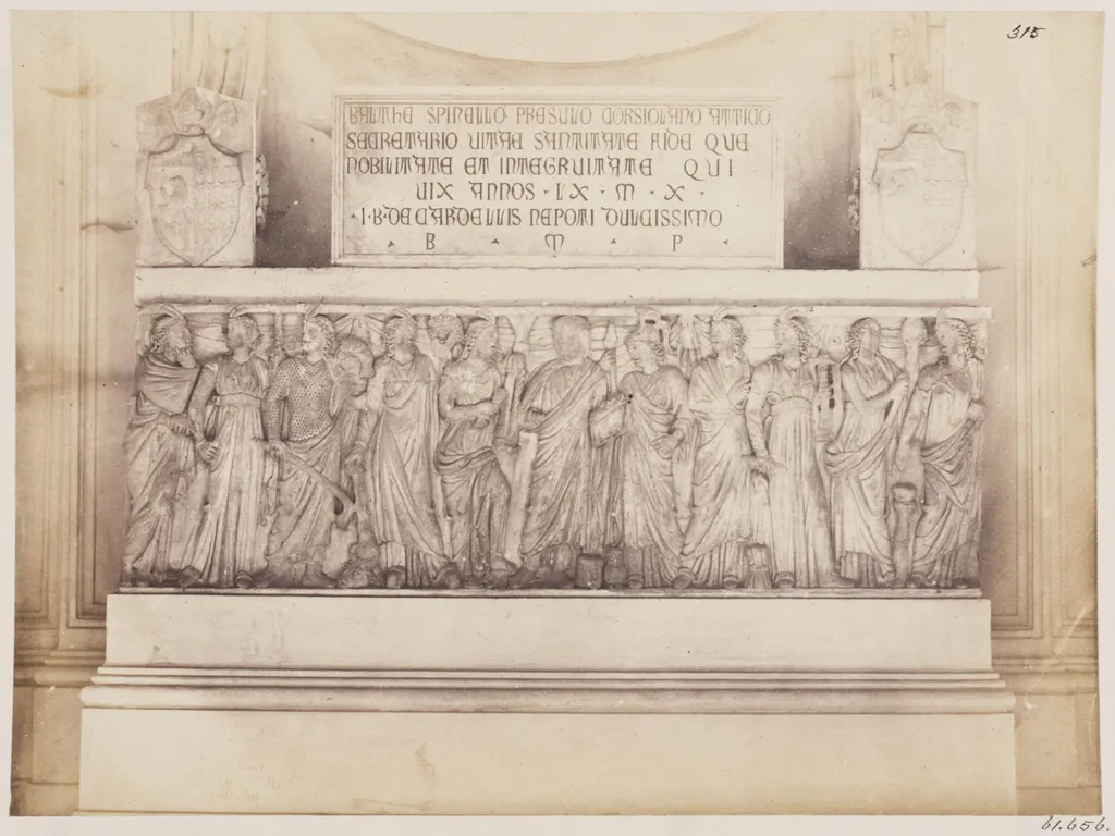 Sculptures - Sarcophagus, with a Sculpture of the third century, representing the Portrait of the deceased surrounded by Minerva and the Muses, now the Tomb of Monsignor Spinelli in the Church of the Priorato on the Aventine, by John Henry Parker, photographic, 1867