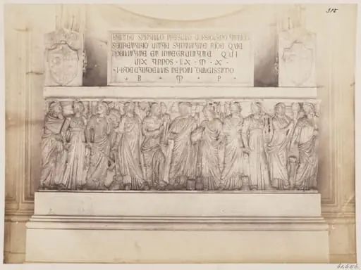 Sculptures - Sarcophagus, with a Sculpture of the third century, representing the Portrait of the deceased surrounded by Minerva and the Muses, now the Tomb of Monsignor Spinelli in the Church of the Priorato on the Aventine, by John Henry Parker