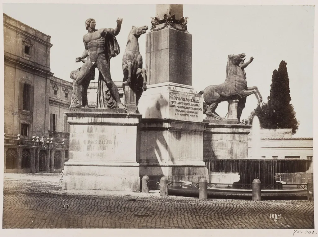 Sculptures - The Colossal Horses, with the Statues of Castor and Pollux, the work of Phidias and Praxiteles (now in the Piazza di Monte Cavallo), by John Henry Parker, photographic, 1867