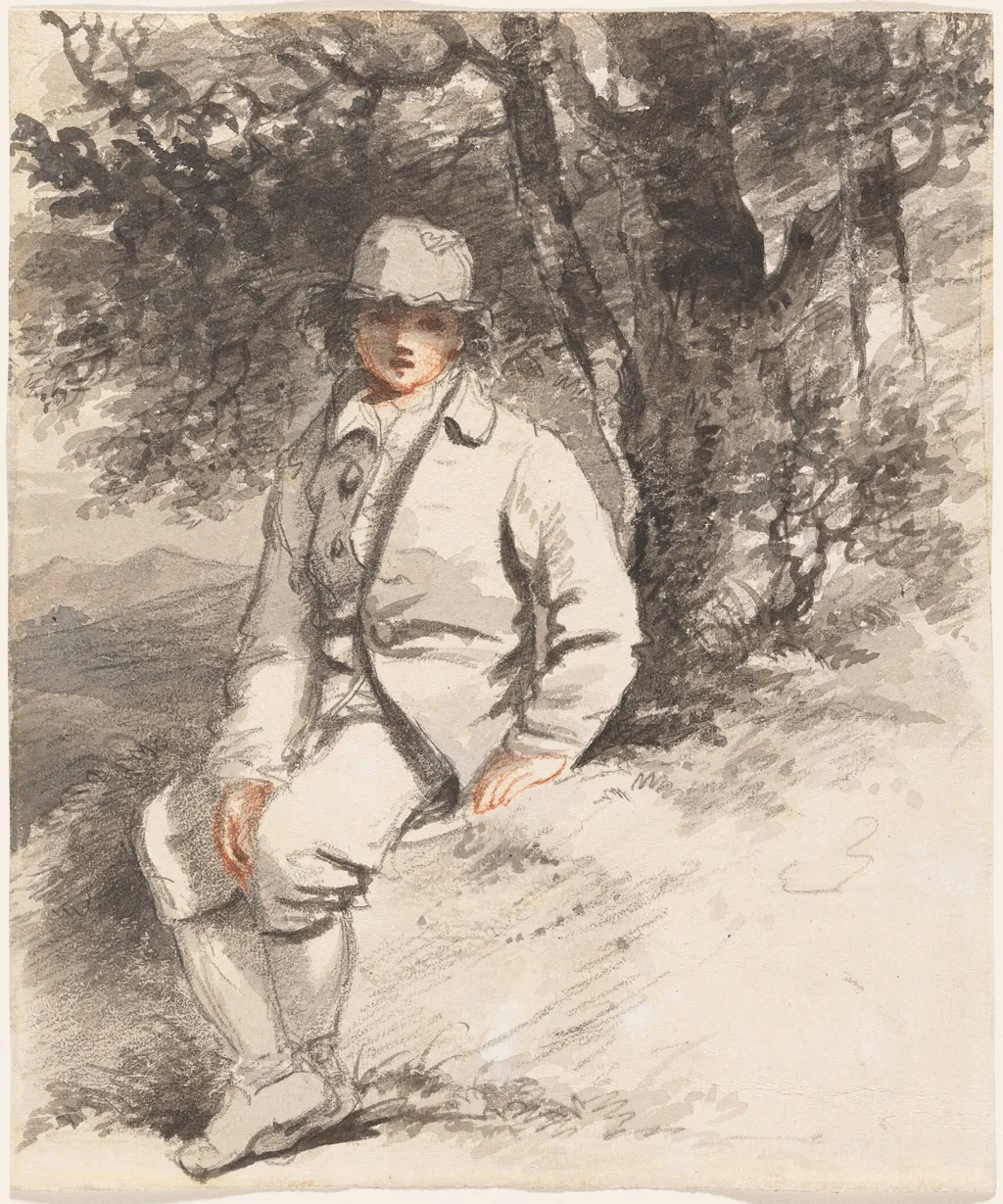 A Young Boy Seated Beneath a Tree, by John Hoppner, chalk, 1794