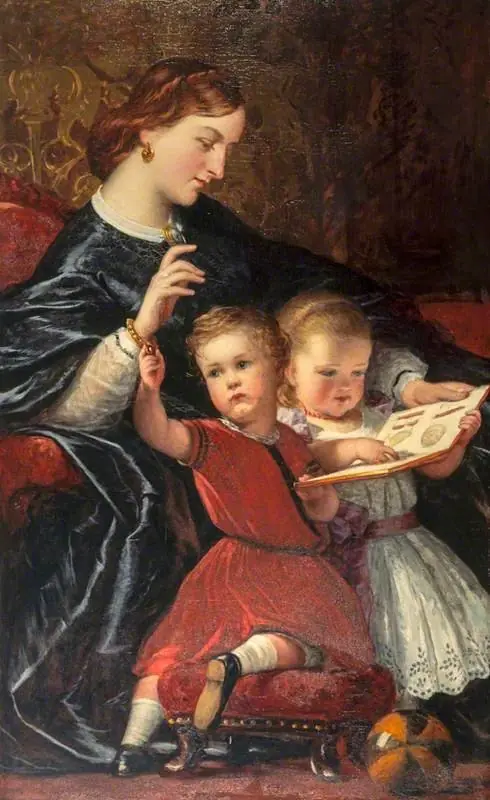 The First Lesson (The Artist's Wife, Janet Parker Vance Langmuir with their Children, Janet and James), by John James Napier