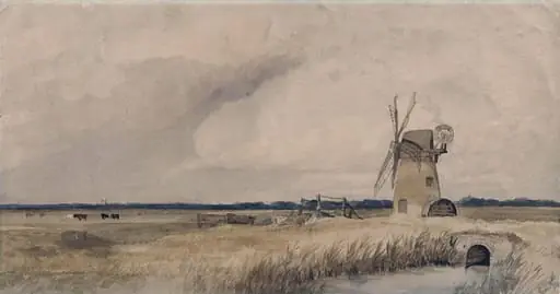 Landscape with windmill, stream and cattle