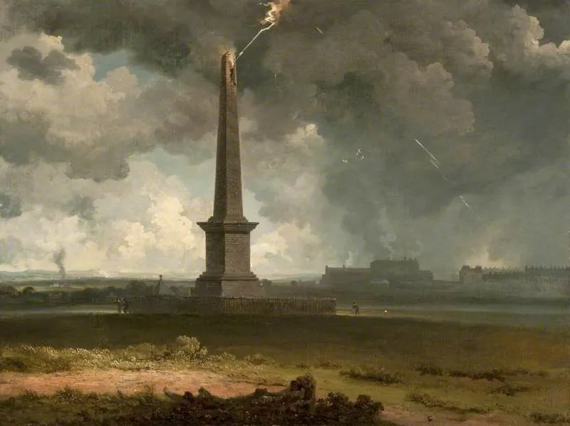 The Nelson Monument on Glasgow Green Struck by Lightning, by John Knox, oil, 1810