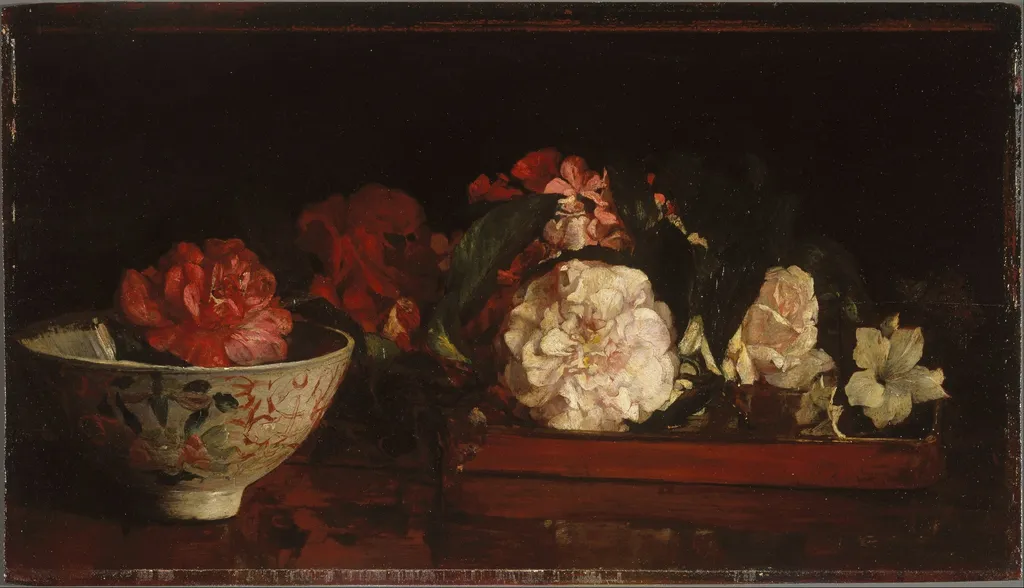 Flowers on a Japanese Tray on a Mahogany Table, by John La Farge, oil, 1890