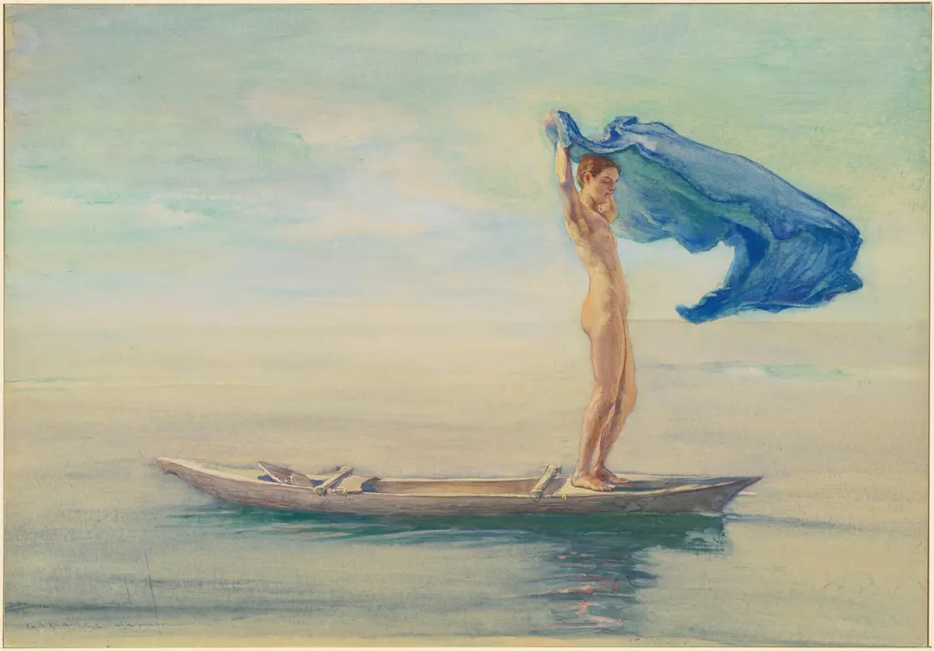 Girl in Bow of Canoe Spreading Out Her Loin-Cloth for a Sail, Samoa, by John La Farge, gouache, 1896