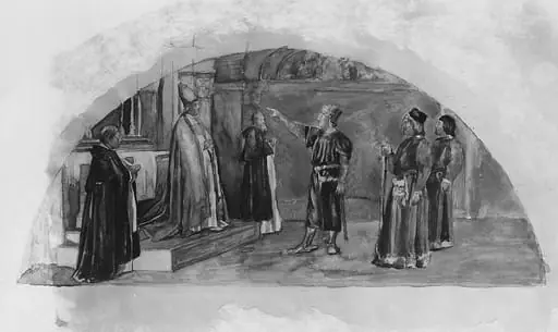 The Adjustment of Conflicting Interests: Count Raymond of Toulouse Swears at the Altar to Observe the Liberties of the City;ì Color Study for Mural, Supreme Court Room, Minnesota State Capitol,ì Saint Paul, by John La Farge