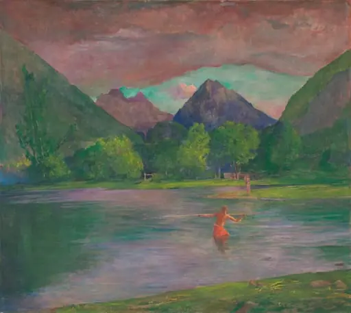 The Entrance to the Tautira River, Tahiti. Fisherman Spearing a Fish, by John La Farge