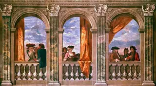 Corinthian Balustraded Colonnade with Figures (from upper section of staircase hall, 44 Grovesnor Square, London), by John Laguerre