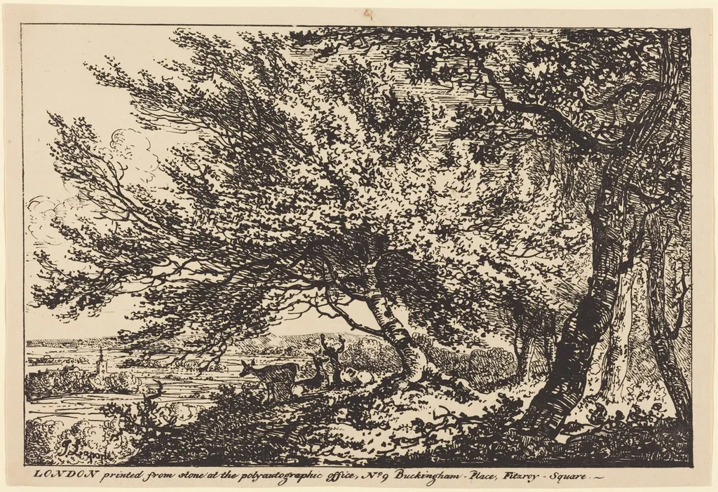 Landscape with Deer under Trees, by John Laporte, ink, 1807