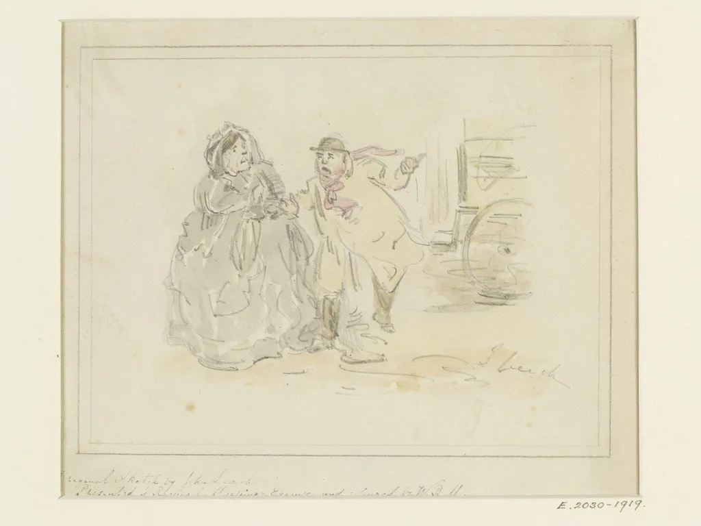Drawing for book illustration: an old lady and a cabman, by John Leech, 1817