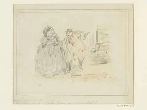 Drawing for book illustration: an old lady and a cabman, by John Leech