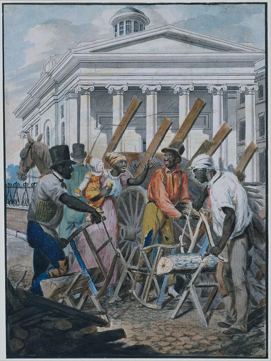 Black Sawyers Working in front of the Bank of Pennsylvania, Philadelphia, by John Lewis Krimmel|Pavel Petrovich Svinin, watercolor, 1811