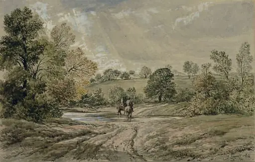 Landscape with horsemen fording a stream, by John Linnell