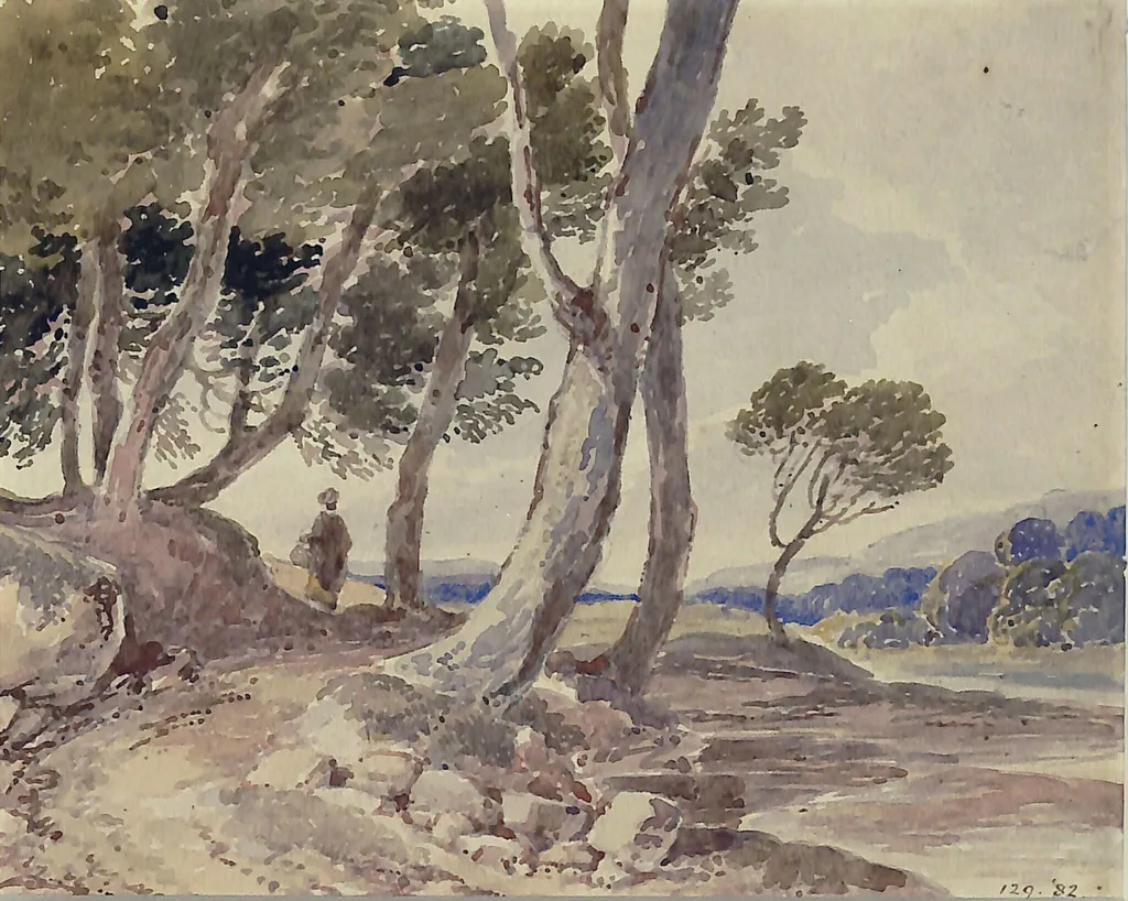 Landscape with trees and water, by John Linnell, watercolor, 1850