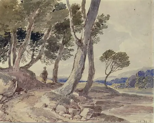 Landscape with trees and water, by John Linnell