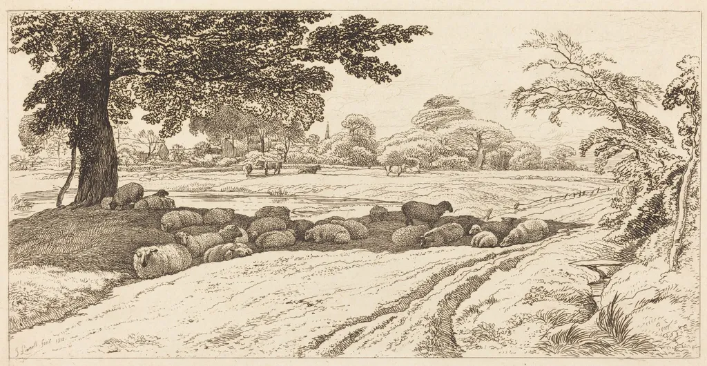 Sheep at Noon, by John Linnell, ink, 1818