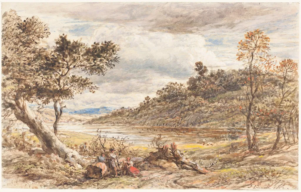 Travelers Resting by a Fallen Tree, by John Linnell, ink, 1852