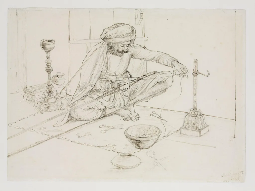 A man making a gold fringe, by John Lockwood Kipling, 1870