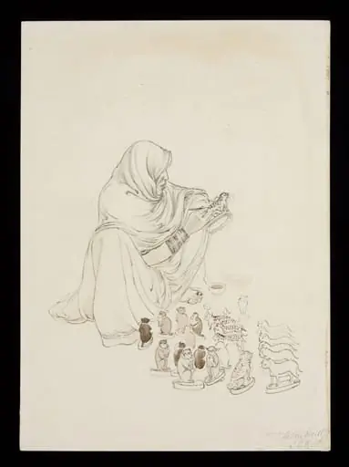 A seated woman painting spots on a toy leopard, by John Lockwood Kipling