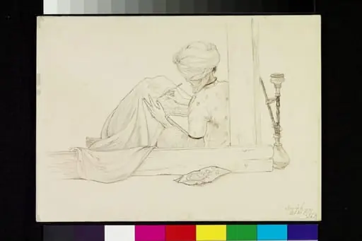 A Turbaned man drawing a pattern on to a piece of cloth, by John Lockwood Kipling