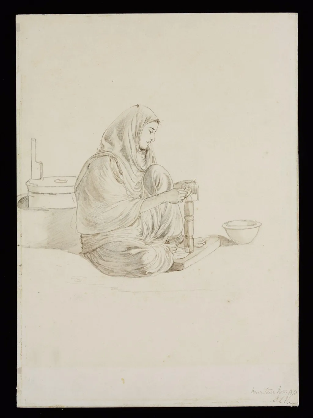 Carding shawl wool prior to spinning, by John Lockwood Kipling, 1870