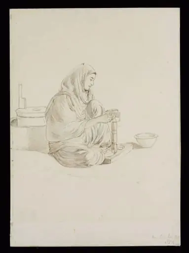 Carding shawl wool prior to spinning, by John Lockwood Kipling