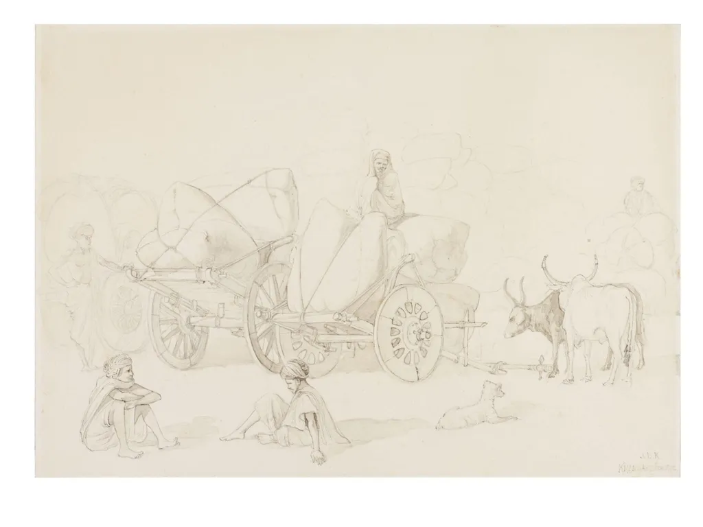 Farmers waiting for an offer at Khamgaom cotton market, by John Lockwood Kipling, 1872