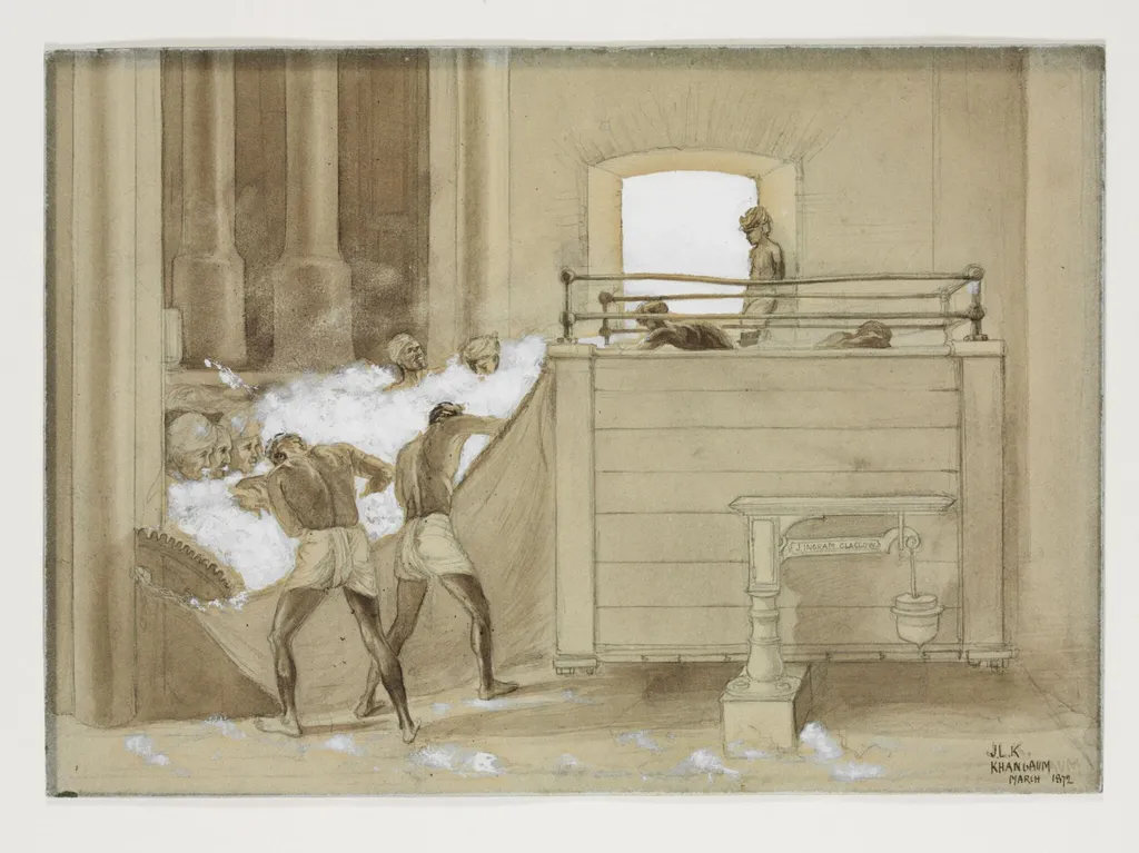 Filling the Gunny bag with cotton at Khamgaon, by John Lockwood Kipling, 1872