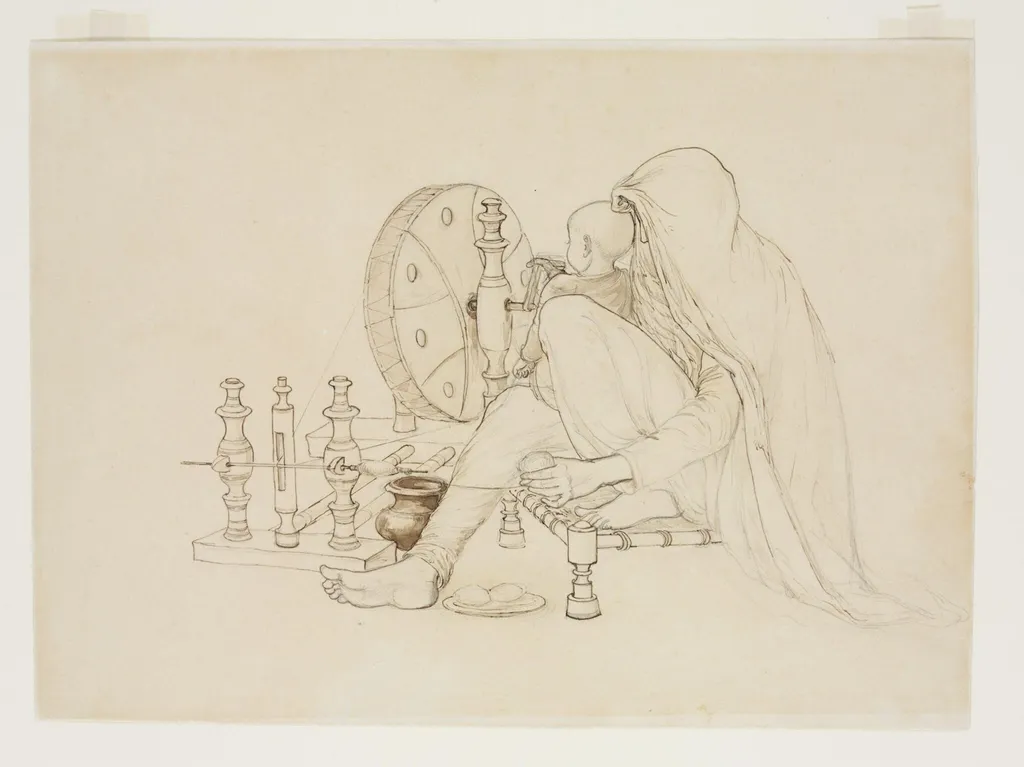 Spinning shawl wool, by John Lockwood Kipling, 1870