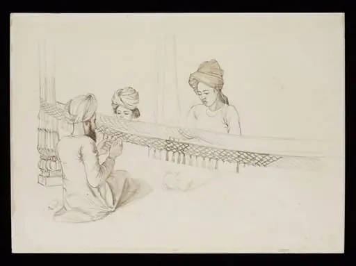 Three boys making a fringe for an elephant decoration, by John Lockwood Kipling