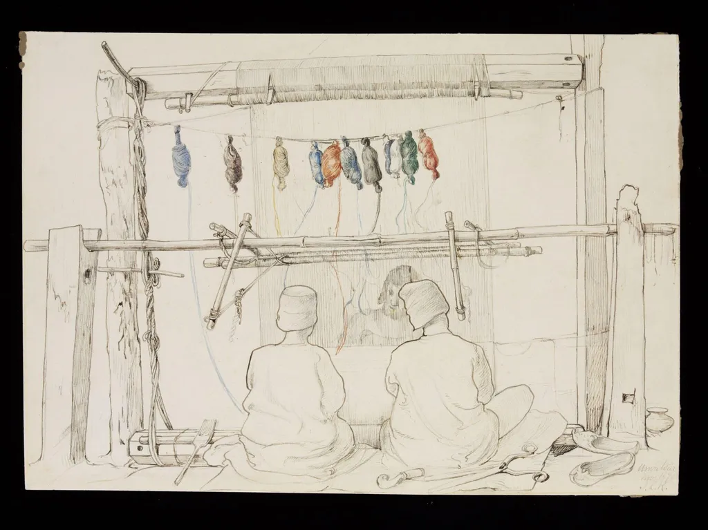 Three men from Amritsar jail working at a carpet loom, by John Lockwood Kipling, 1870